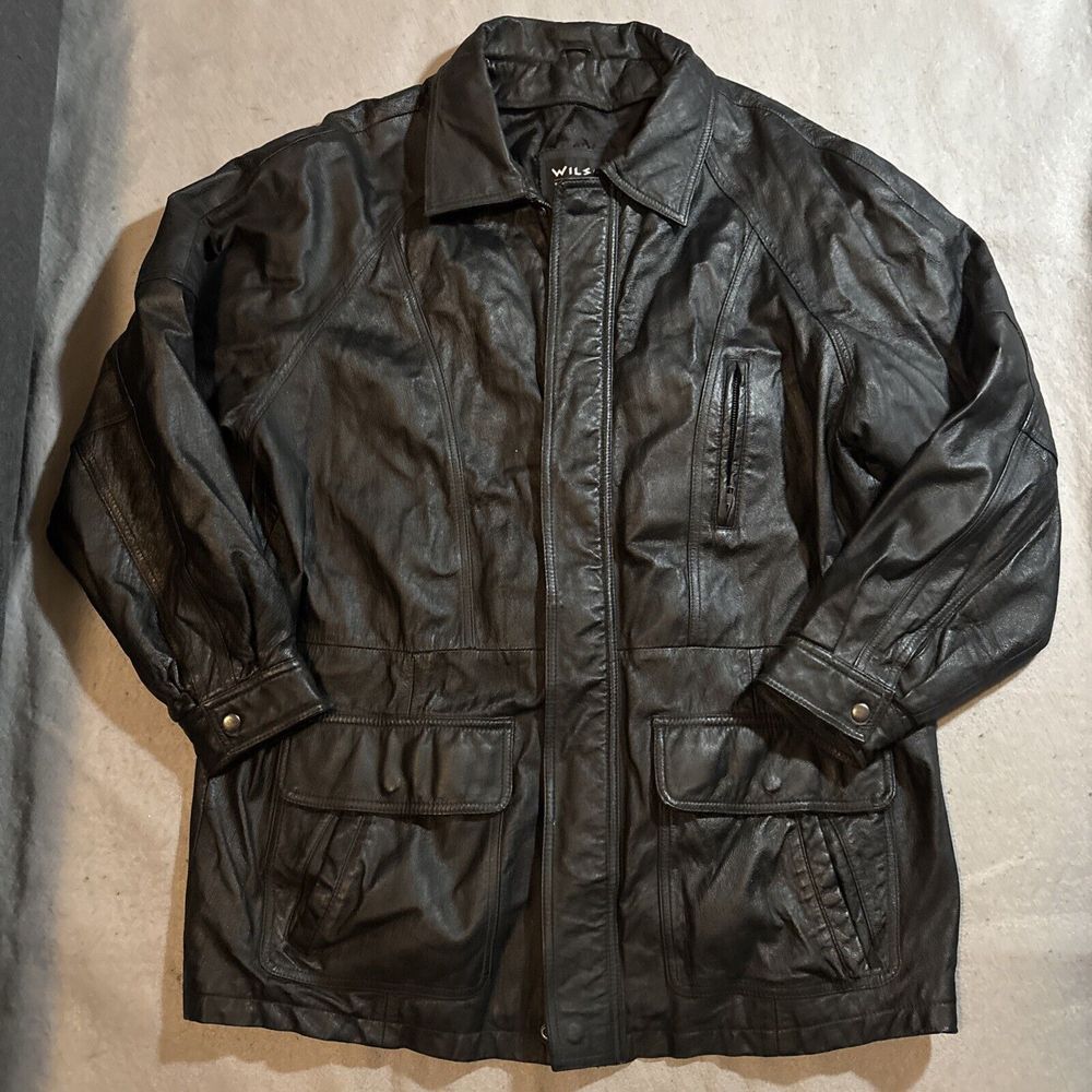 Wilsons Leather Jacket Coat Mens Large Black Hip Length Nylon Lining Long